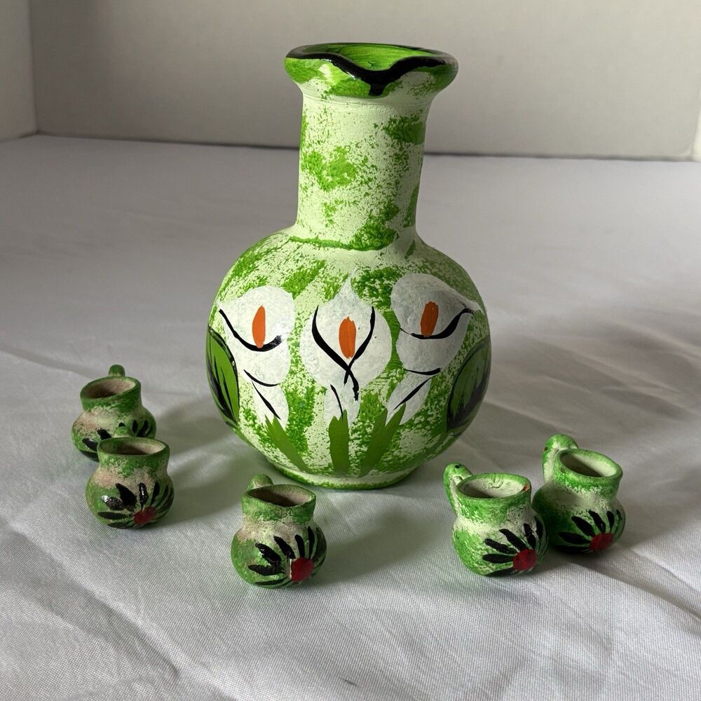 Hand Painted Terracotta Clay Pottery Pitcher And Small Cups
